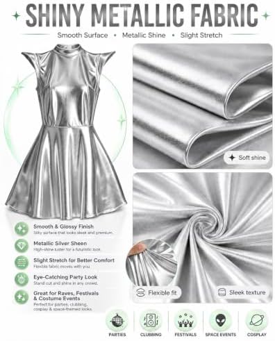 Silver Metallic Dress Holographic with Gloves Alien Headband with Glasses for Party Cosplay