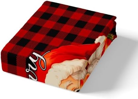 Santa Claus Bed Sheet Set Kids Black and Red Square Sheets Set 4pc Xmas Theme Microfiber Soft Bedding Set,1 Flat Sheet,1 Deep Pocket Fitted Sheet,2 Pillow Cases（King Size）