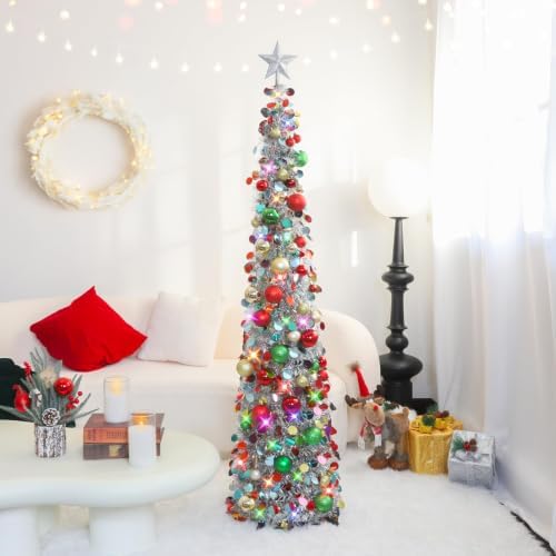 N&T NIETING Pop Up Silver Mix Tinsel Christmas Tree with Lights & 30 Balls, 5Ft Collapsible Skinny Christmas Tree for Holiday Xmas Home Office Decor
