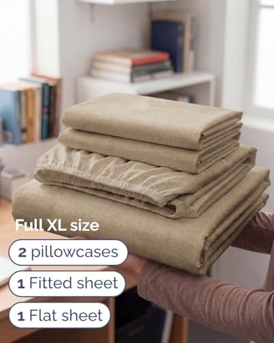 Full XL Sheets - 4 Piece Full XL Sheet Set - Breathable - Heathered Beige