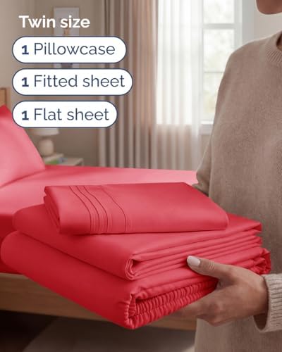 Twin Size 3 Piece Sheet Set - Comfy Breathable & Cooling Bed Sheets - Red