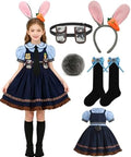Kids Police Officer Costume Dress Set with Bunny Headband Socks, Girl Halloween Rabbit Cosplay Halloween Set 3-9Y
