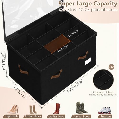 Shoe Organizer for Closet, 2 Pack Shoe Storage Bins Foldable Shoe Storage Box Containers with Clear Cover and Sturdy Handles, Shoe Rack for Closet Storage for Sneakers Heels Slippers, Fit 12-24 Pairs