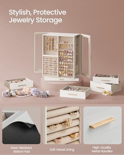 SONGMICS Jewelry Box Organizer, 360° Rotating, 7 Drawers, Cloud White