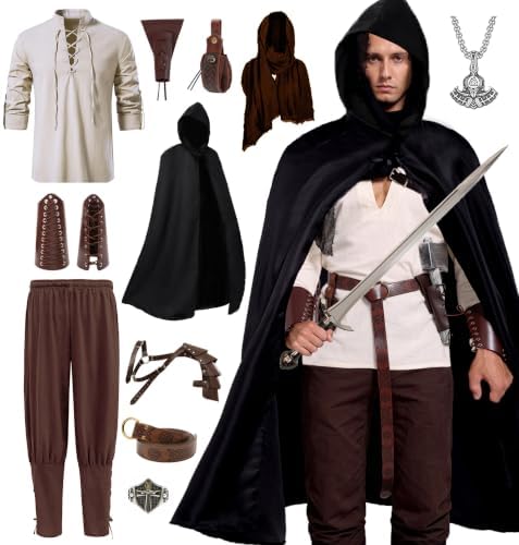 Akokvlar 10 Pcs Men Renaissance Costume Medieval Pirate Shirt Ankle Banded Pants Viking Outfit Set
