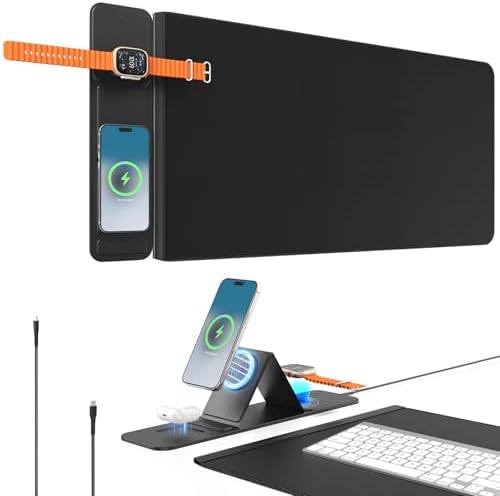 2nd Gen Wireless Charging Desk Mat,3-in-1 Foldable Phone Holder Mouse Pad