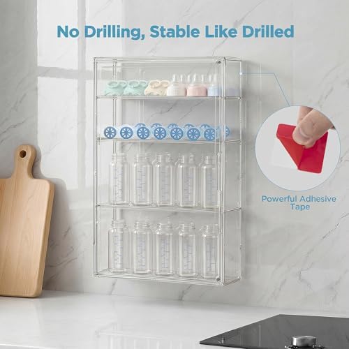 HBlife Baby Bottle Storage Organizer for Wall Countertop Cabinet, 4 Tiers Adjustable Clear Acrylic Bottles Storage Station Case Box Container with 3 Removable Dividers and Magnetic Door, Large
