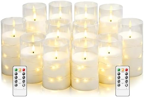 kakoya Flameless LED Candles with Timer 12 Pc Flickering Flameless Candles for Romantic Ambiance and Home Decoration Stable Acrylic Shell,with Embedded Star String，Battery Operated Candles(White)