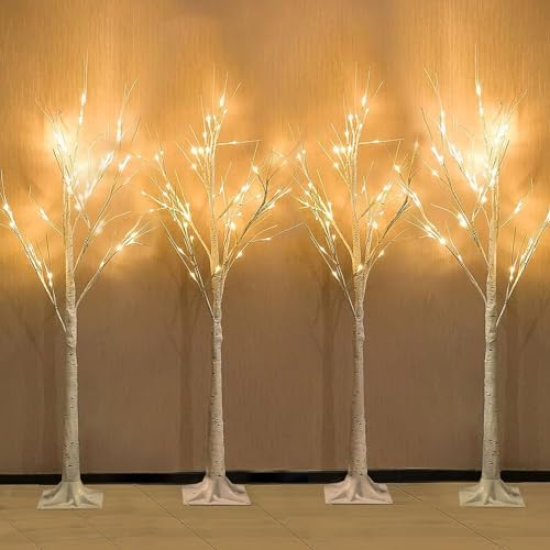 4 Pack 4FT Lighted Birch Trees, 192 LED Twinkling Trees, 2 Lighting Modes