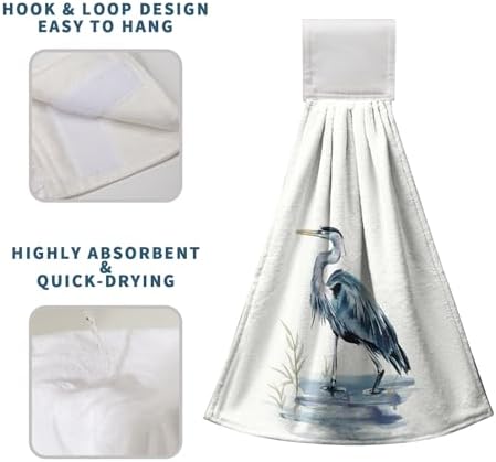 Blue Heron Coastal Hanging Hand Towels Set of 2 Summer Nautical Ocean Beach Themed Kitchen Towels with Hanging Loop Sea Bird Pelican Dish Towel Soft Absorbent Guest Fingertip Bath Towel for Bathroom