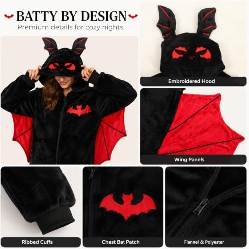 Adult Bat Costume Pajamas Flannel Hooded Onesie with Wings for Halloween