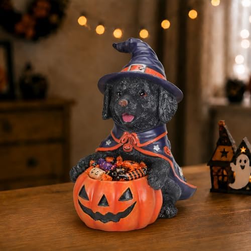 Halloween Black Labrador Witch Puppy Figurine, with Pumpkin Candy Bowl