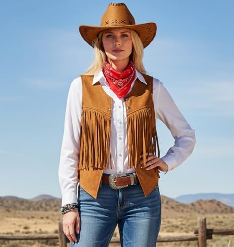 Women Cowgirl Costume Western Vest Hat Belt Set for Cowgirl Cowboy Halloween Cosplay