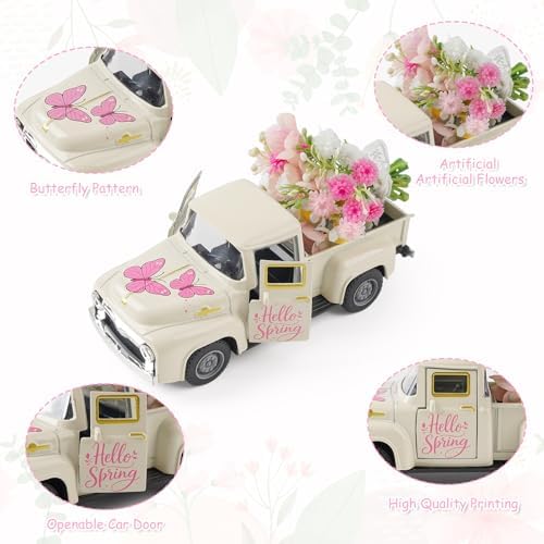 Mothers Day Spring Butterfly Truck Decor, Pink Spring Floral Truck Decorations for Home, Mini Wildflowers Truck Tiered Tray Decor, Rustic Farmhouse Kitchen Tabletop Decorations for Office