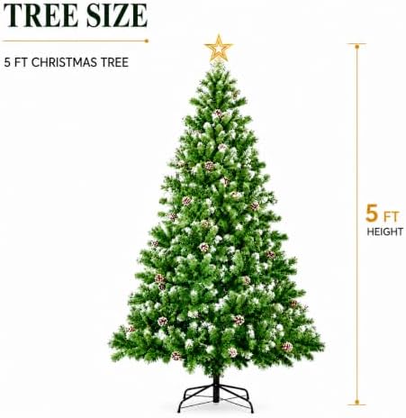 XtremepowerUS 5FT Artificial Christmas Tree, Snow Flocked Spruce Frosted Tips with Pinecones, Pre-Decorated Realistic Holiday Tree with Hinged Branches & Metal Stand for Indoor Home Christmas Décor