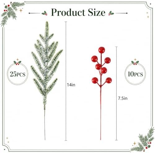 Watayo 35 Pcs Christmas Snow Norfolk Pine Branches with Red Berry Stems