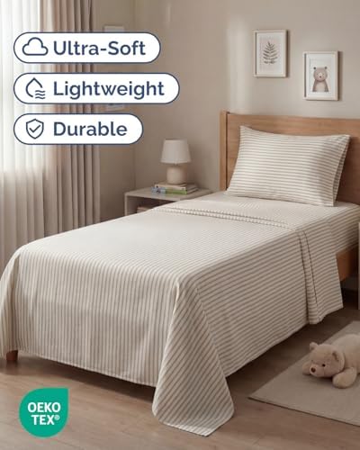 Twin Size 3 Piece Sheet Set - Breathable & Cooling Sheets - Beige Stripes