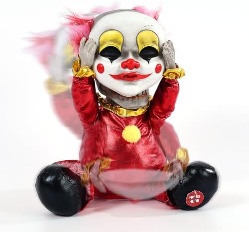 Quntis 13-Inch Halloween Animatronic Clown with Face-Ripping Skull Reveal, Sound & Touch Activated Creepy but Funny Halloween Decor Prop with Voice, Light-Up Eye and Motion for Outdoor Haunted House