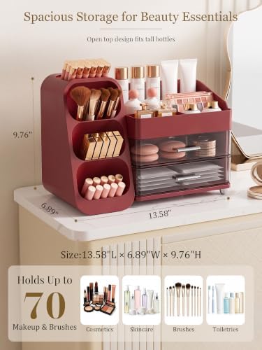 Booklov Large Makeup Organizer for Vanity Countertop, Red