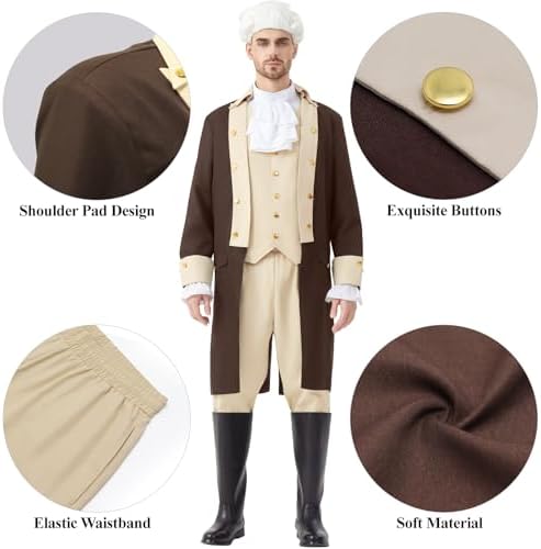 Mens Hamilton Costume 5PCS Colonial Washington Costume Adult Outfit