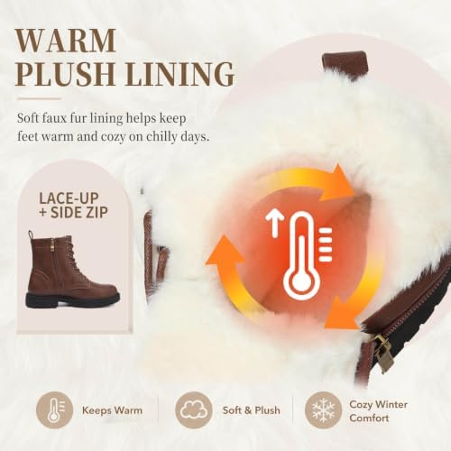 todaysunny Womens Combat Winter Boots Fur Lined Snow Boots Lace Up Side Zip