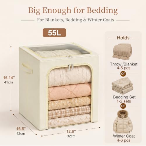 GoMaihe Blanket Storage Bins with Metal Frame for Closet, 55L 6-Pack Beige