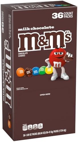 M&M'S Milk Chocolate Candy, Full Size Singles, 1.69 oz Bag, 36 Pack Bulk