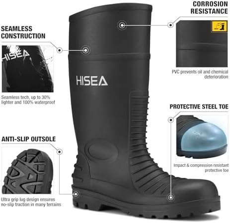 HISEA Men's Steel-Toe Rain Boots, Rubber Boots Waterproof Slip Resistant