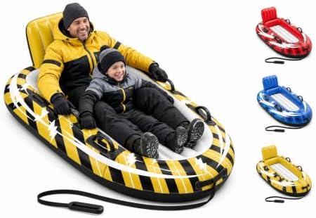 Zeraty Snow Sled for 2 Person, Inflatable Design with Kids Canvas Cover，Reinforced Handles, Bright Yellow