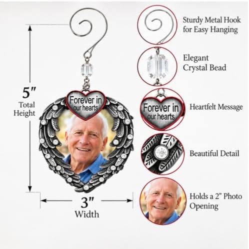 Memorial Photo Ornament for Loss of Loved One, Forever in Our Hearts Silver Heart Ornament with Angel Wings, Personalized Picture Memorial Christmas Ornament, Sympathy Gift, 3 Pack with Storage Bag