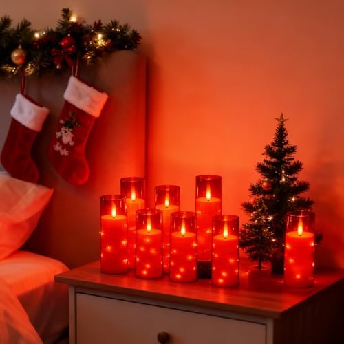 kakoya Flameless LED Candles with Timer 24 Pc Flickering Flameless Candles for Romantic Ambiance and Home Decoration Stable Acrylic Shell,with Embedded Star String，Battery Operated Candles（Red）