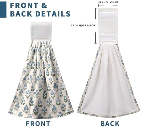 Blue Green Floral Summer Hanging Kitchen Towels Vintage Flowers Hand Towel with Hanging Loop Farmhouse Decorative Bath Tie Towels Soft Absorbent Fingertip Dish Cloth Set of 2