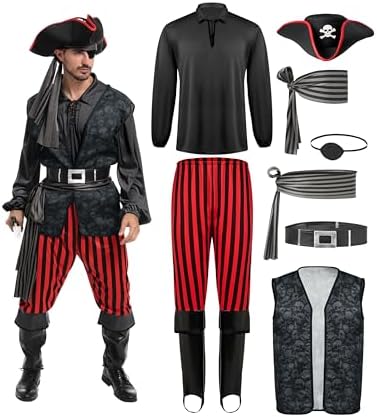 Spooktacular Creations Men Pirate Costume, Adult Pirate Shirt Vest Viking Pants Hat Set for Halloween Themed Parties