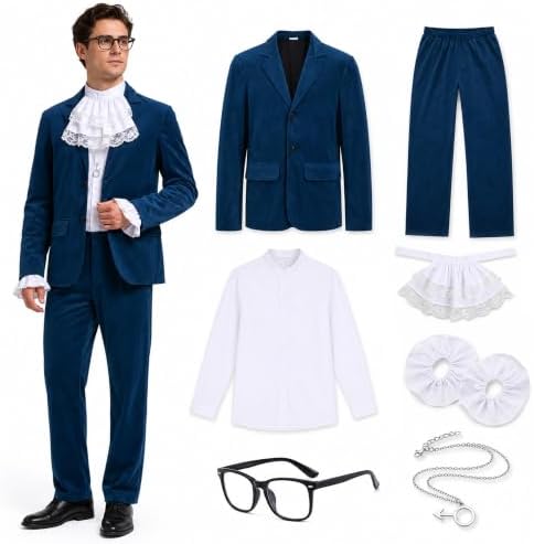 7PCS 60s Spy Swinger Costume Men Blue Velvet Suit for Halloween Cosplay