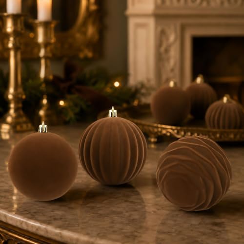 9Pcs Brown Velvet Christmas Ornaments 3.94In Balls for Christmas Tree Deco