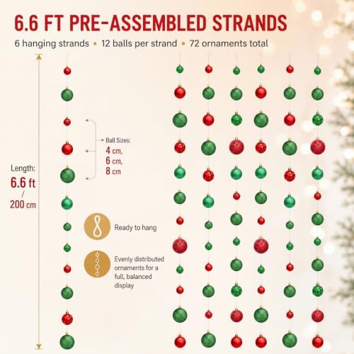 6 Pcs Christmas Ball Garland 6.6 ft Hanging Ornaments Strand, Red and Green