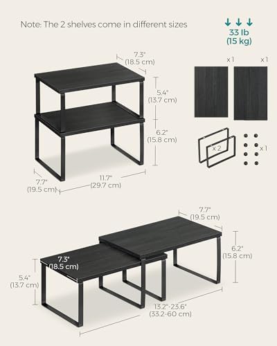 SONGMICS Cabinet Organizer Shelf, Set of 2 Kitchen Counter Shelves, Kitchen Storage, Spice Rack, Stackable, Expandable, Metal and Engineered Wood, Ink Black and Charcoal Black UKCS02B01 (Pack of 2)
