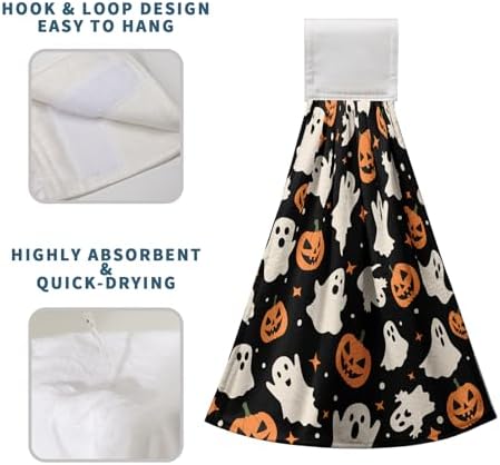 Halloween Ghost Pumpkin Hanging Kitchen Towels Set of 2 Spooky Scary Hand Towels with Hanging Loop Seasonal Holiday Oven Stove Dish Washcloths Soft Absorbent Bath Tie Towel