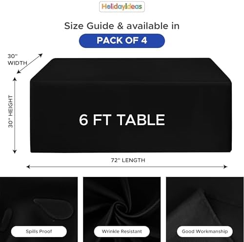 4-Pack 6ft Black Table Cloths for 6 Foot Rectangle Tables For Craft Shows