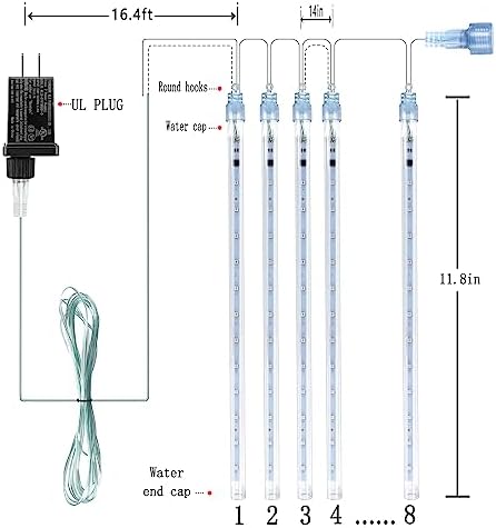 Kwaiffeo Christmas Lights Outdoor, 8 Tubes Meteor Shower Lights LED Snow Falling Icicle Cascading Light for Xmas Tree Wedding Decoration Party, UL Plug, White