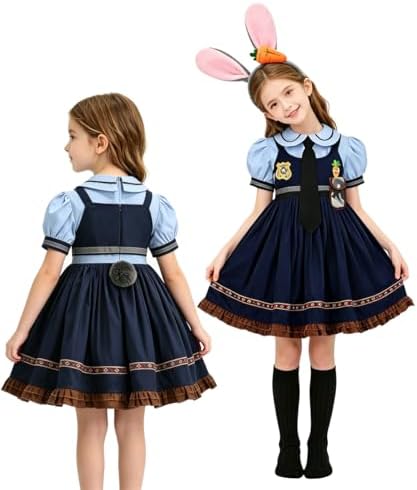 Kids Police Officer Costume Dress Set with Bunny Headband Socks, Girl Halloween Rabbit Cosplay Halloween Set 3-9Y