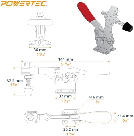 POWERTEC 12PK Toggle Clamp, 300 lbs Capacity, 201B Quick Release Horizontal Clamps w/Antislip Rubber Pressure Tip for Woodworking Jigs and Fixtures, Welding, Drill Press, Crosscut Sled (20327-P3)