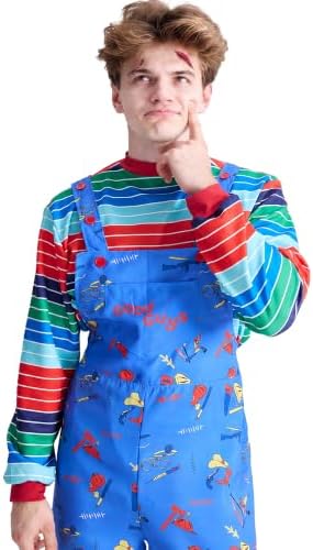 Adult Halloween Chucky Costume Striped Top Overalls Knife Tattoo Scars