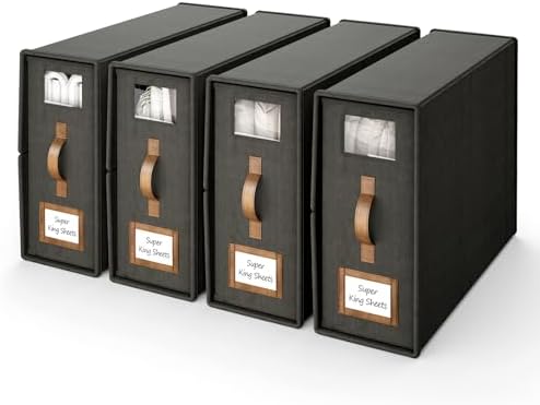 4 Pack Bed Sheets Organizers And Storage,Sheets Set Folder Keeper with Handle,Foldable Bedding Storage Box For Linen Closet,Duvet Cover(Cal King Size-5.2 Gal,Black)