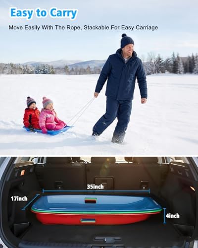 Sleds for Kids, Snow Toboggan Sled with Stickers, Handles and Pull Rope,35 Inch Durable Snow Sled for Kids, Cold-Resistant Plastic Sled
