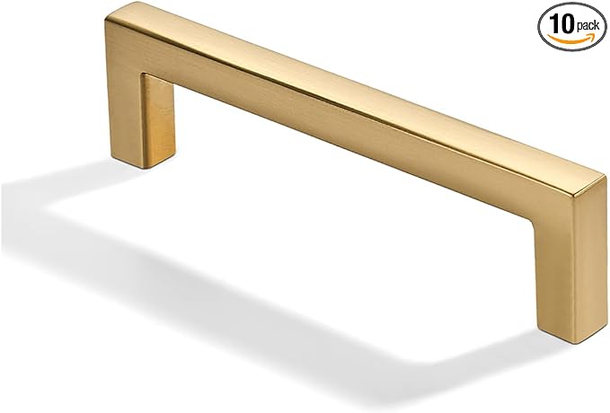 khtumeware 10 Pack 5 inch(128mm) Hole Center Brushed Brass Cabinet Pulls Solid Heavy-Duty Square Satin Brass Cabinet Handles Drawer Pulls Kitchen Cabinet Hardware Kitchen Handle