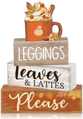 Lineshading 4 Pcs Fall Table Decor, Leaves Lattes Coffee Wooden Blocks Sign