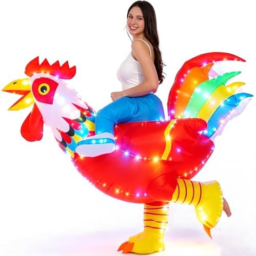 Inflatable Rooster Costume with LED Lights, Blow Up Full Body Chicken Costume for Adults, Funny Light Up Fancy Dress for Halloween Carnival Easter Party Cosplay
