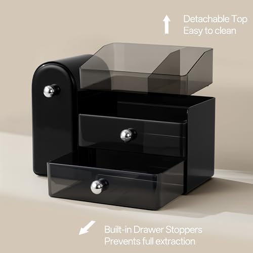 HBlife Makeup Organizer Countertop with Drawers, Cologne Organizer for Men, Vanity Organizers with Brush Holder, Bathroom Countertop Organizer Skin Care Storage, Gift for Dad Husband, Black Silver