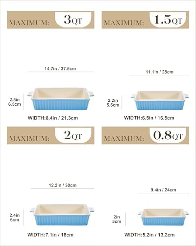 MALACASA Casserole Dishes for Oven, Ceramic Bakeware Set of 4, Blue